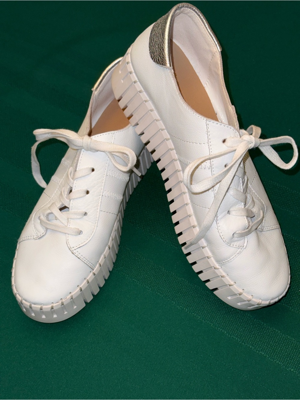 Women's White Leather Lace-Up Platform Sneakers with Metallic Heel Tab, Size 38